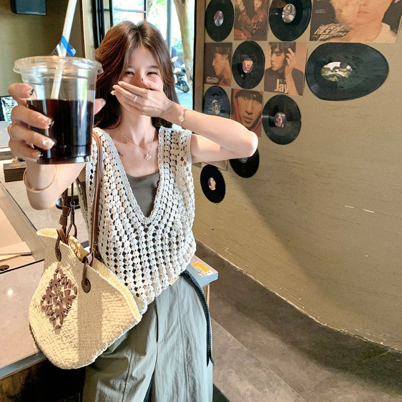 韓国風 透かし編みニットとベルト付きワイドレッグパンツ3点セット (即納品)