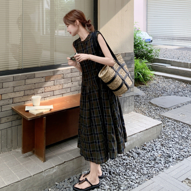 レトログリーンチェック秋色ノースリーブワンピース