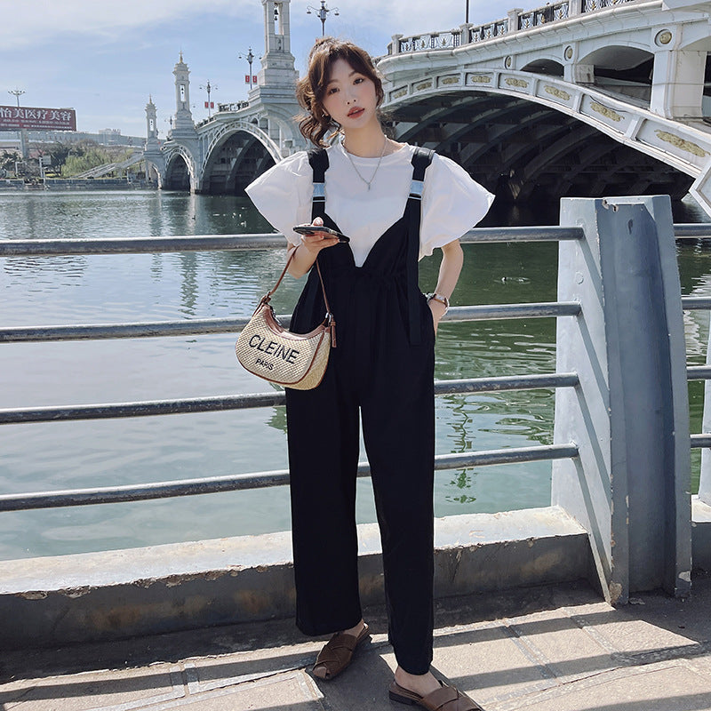 パフスリーブ白Tシャツ+ウエストシェイプサロペット セットアップ