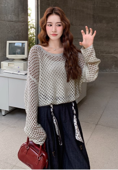 韓国スカーフベルト付きワイドレッグパンツと鍵編み風ニットツーピースセット