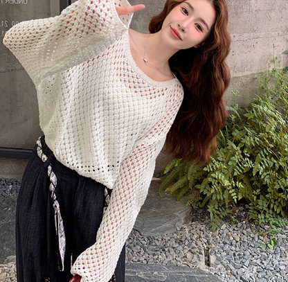 韓国スカーフベルト付きワイドレッグパンツと鍵編み風ニットツーピースセット