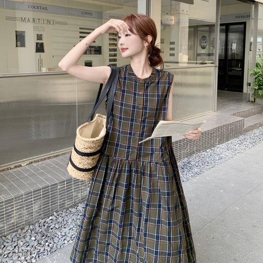 レトログリーンチェック秋色ノースリーブワンピース