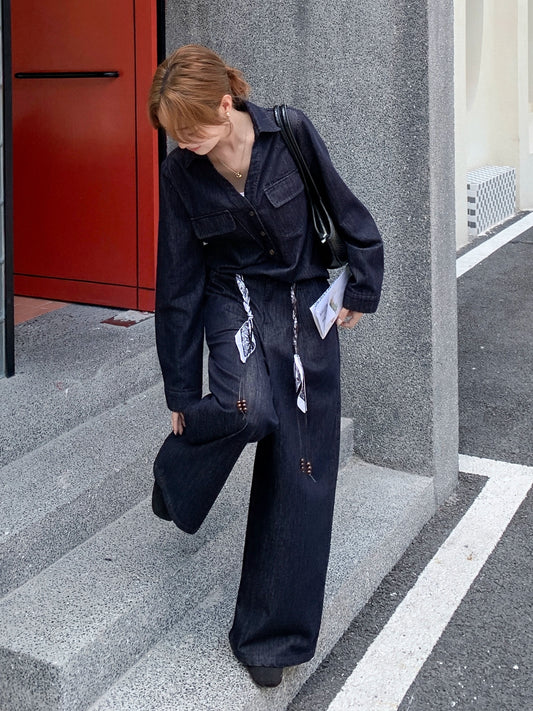 韓国 デニムシャツワイドレッグパンツツーピーススーツ　スカーフベルト付き
