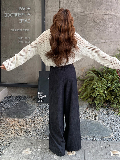 韓国スカーフベルト付きワイドレッグパンツと鍵編み風ニットツーピースセット