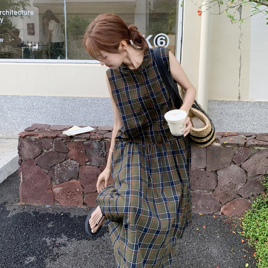 レトログリーンチェック秋色ノースリーブワンピース