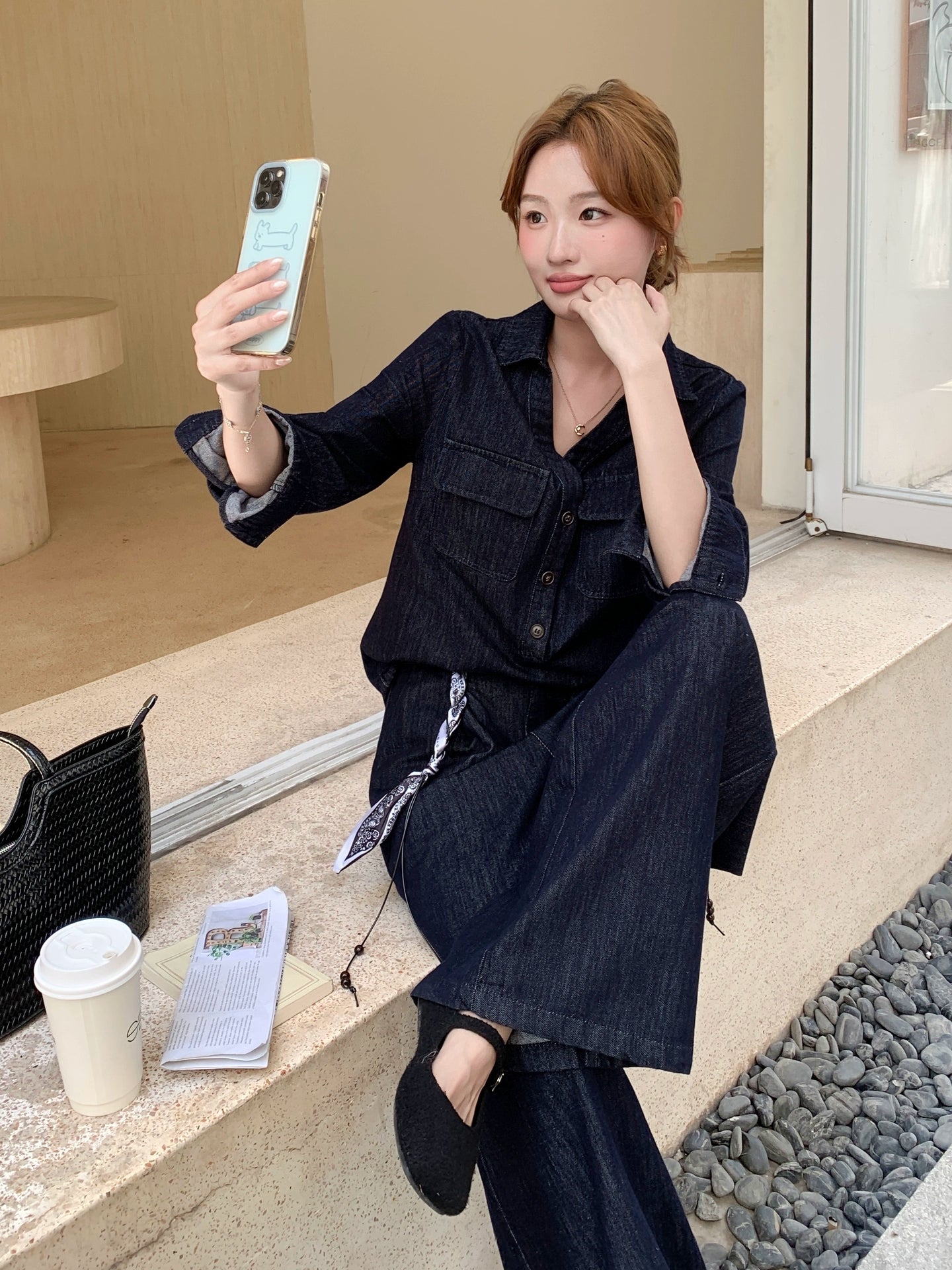 韓国 デニムシャツワイドレッグパンツツーピーススーツ　スカーフベルト付き