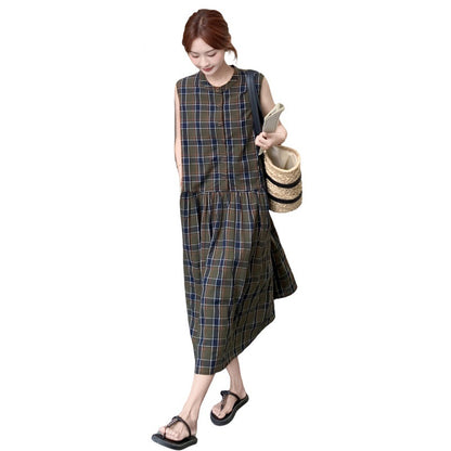 レトログリーンチェック秋色ノースリーブワンピース