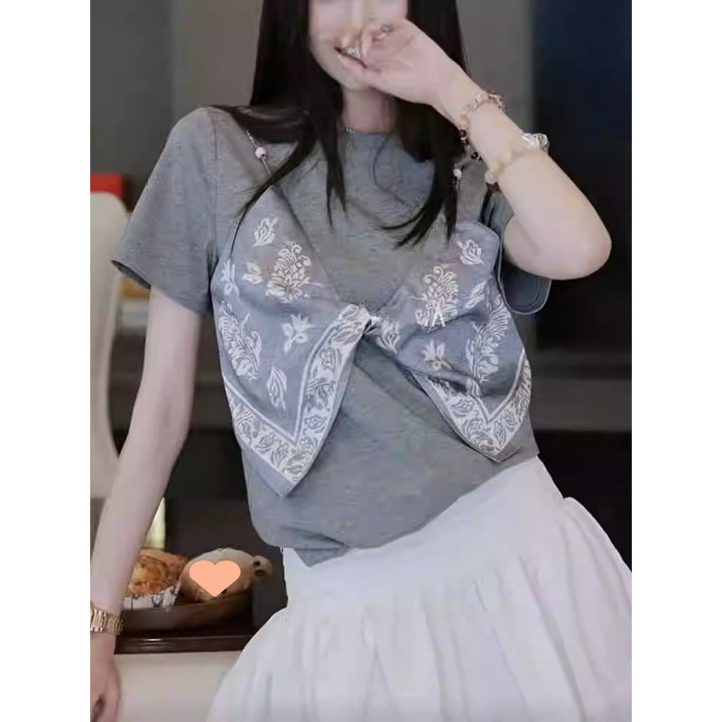 韓国　スカーフフェイクツーピースTシャツ