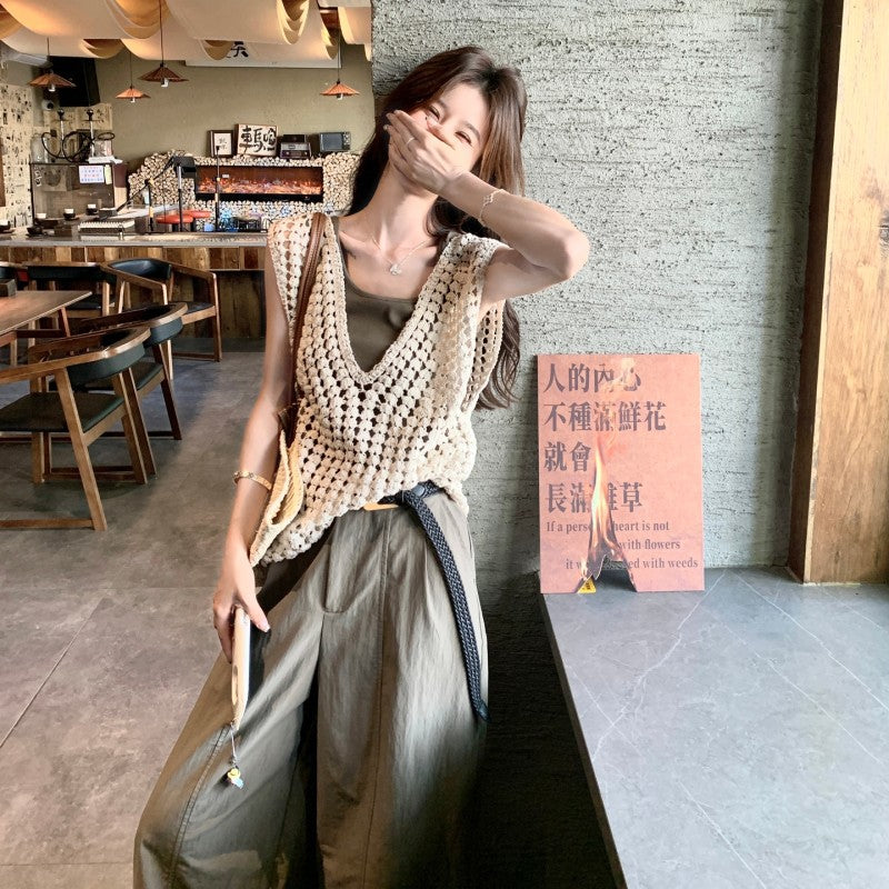 韓国風　透かし編みニットとベルト付きワイドレッグパンツ３点セット （即納品)