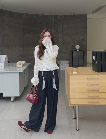 韓国スカーフベルト付きワイドレッグパンツと鍵編み風ニットツーピースセット