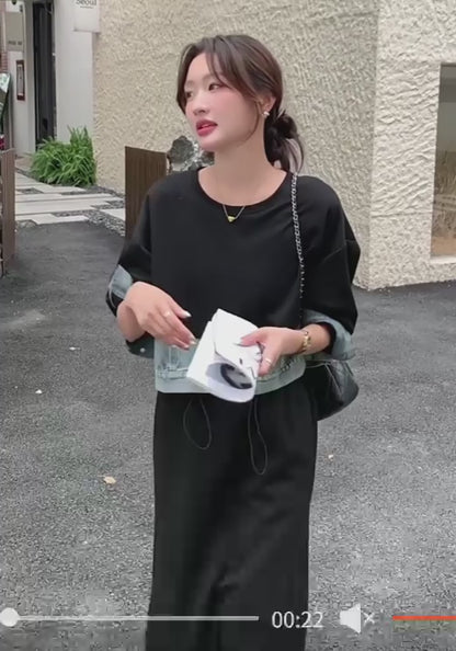 フェイク2ピースデニム切り替えワンピース