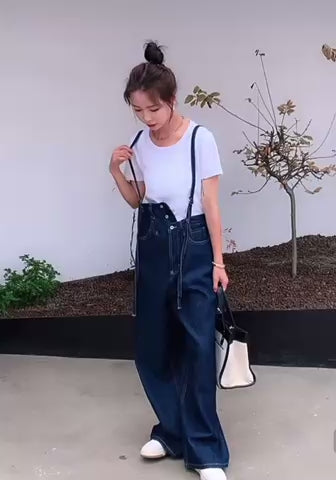 韓国　サマーデニムハイウエストオールインワンサロペット